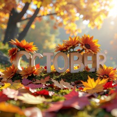 10月 秋色 花 OCTOBER 装飾 立体文字 高画質