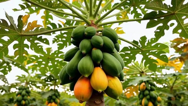 Vibrant papaya tree with ripe and green fruit growing naturally outdoors