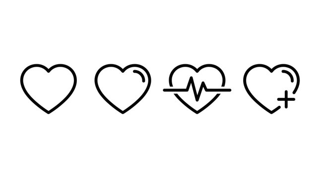 Medical health heart vector icons set, wellness care outline design, heartbeat monitoring symbol, healthcare plus sign graphic, cardiology support illustration, hospital aid vector artwork
