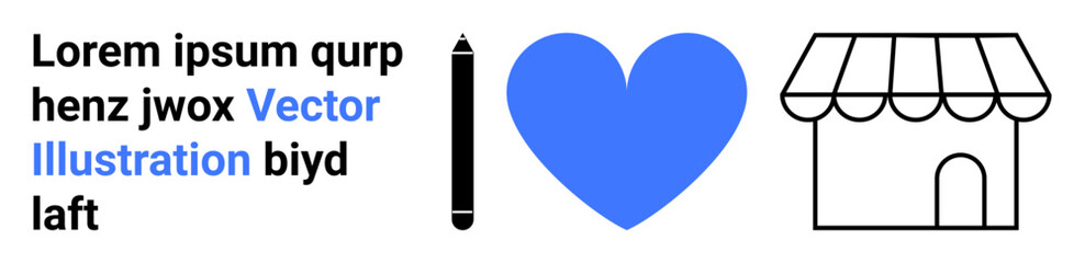 Business branding, creativity, passion, local stores, commerce, entrepreneurship. Pencil, heart and shop icons arranged in sequence. Business branding and creativity visually