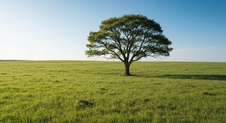 Fototapeta premium A solitary tree stands in a vast green field under a clear blue sky