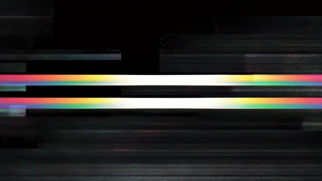 Noise glitch television distortion malfunction disruption disconnected compression black background footage error hacking computer laptop damaged screen create abstract horizontal rainbow scanline