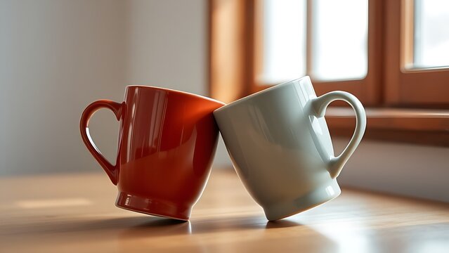 schlegel. Two ceramic mugs of different colors interlocked on a wooden table. bar promotions, beverage menus, designed for product packaging and bar promotions, used by logistics managers.