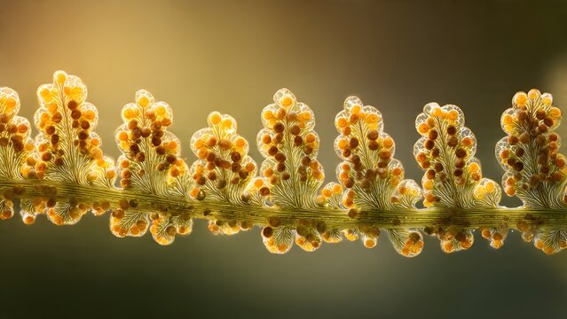 Ultra macro of fern frond with sori spores under golden backlit lighting