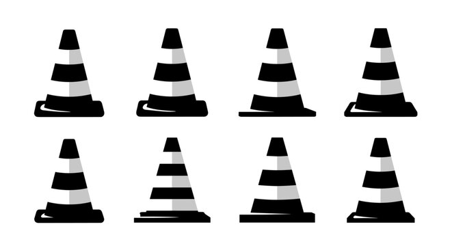 Black and white striped traffic cones set for road safety and construction zones.