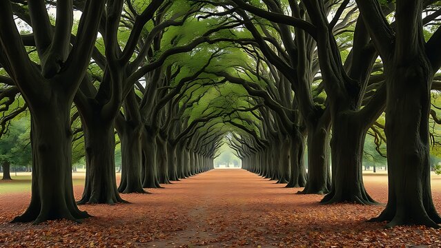 accuser. Avenue of ancient oak trees with a carpet of fallen leaves, dappled sunlight filtering through the canopy. travel magazines, destination branding, designed for travel destination branding.