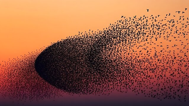 overfed. A murmuration of starlings transitioning from a dense cloud to scattered birds against a dusk sky. wildlife magazines, conservation campaigns, designed for eco-tourism storytelling.
