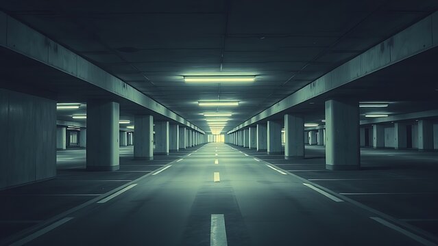 epilogue. An empty underground concrete parking garage with long perspective and harsh fluorescent lighting. real-estate listings.