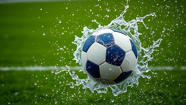 midseason. A soccer ball in motion with water droplets on a green field. event key visuals, club posters, designed for sports event promotions and stadium branding, drives event promotion.