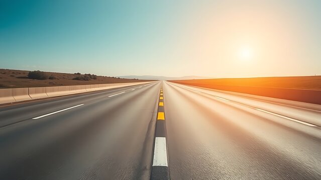 retroreflective. A wide highway with a prominent yellow double solid line extending to the horizon. mobility guides, transit brochures, designed for transport & logistics marketing.