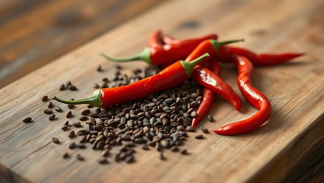 pasilla. Red chili peppers and cumin seeds scattered on a wooden cutting board. menu design, packaging mockups, designed for food delivery and cloud-kitchen brand materials, used by account managers.