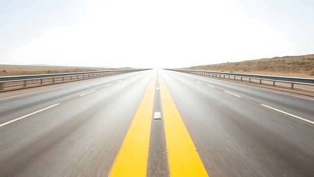 retroreflective. A wide highway with a prominent yellow double solid line extending to the horizon. mobility guides, transit brochures, designed for transport & logistics marketing.