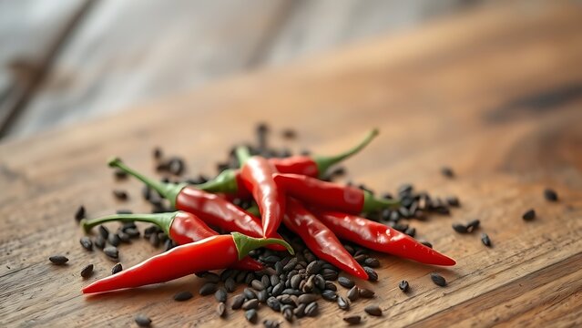 pasilla. Red chili peppers and cumin seeds scattered on a wooden cutting board. menu design, packaging mockups, designed for food delivery and cloud-kitchen brand materials, used by account managers.