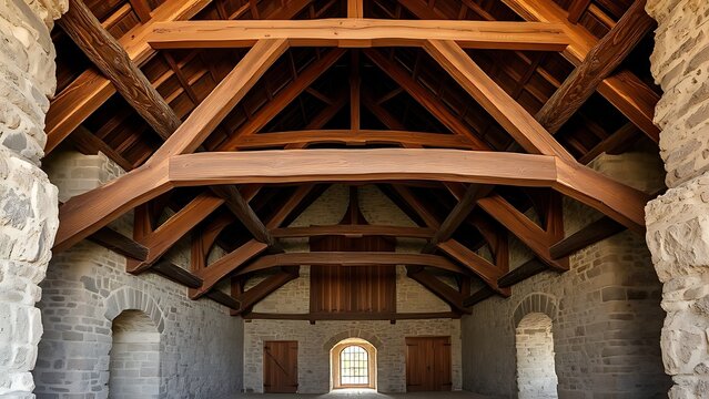 neutrino. Old barn interior with massive wooden beams and stone walls, rustic atmosphere. real-estate listings, architecture portfolios, designed for interior renovation comparisons for interiors.