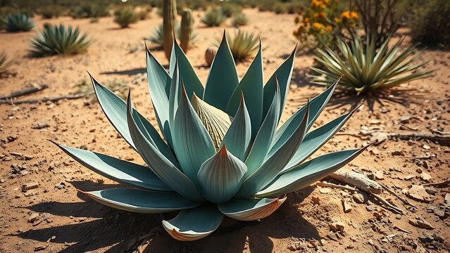 amalgam. A mature blue agave plant lies harvested on the arid desert ground under harsh sunlight. gardening catalogs, home-decor guides, designed for gardening and botanical catalogs.