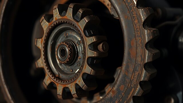 susceptibility. A rusted mechanical gear assembly with one jammed gear, metallic textures, industrial aesthetic. safety posters.