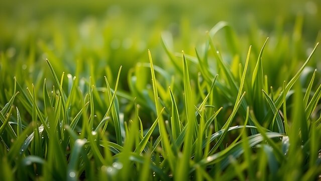 rhizosphere. Dewy morning lawn with slender stems creeping between grass blades. ESG reports, sustainability campaigns, designed for sustainability communications and ESG reporting.