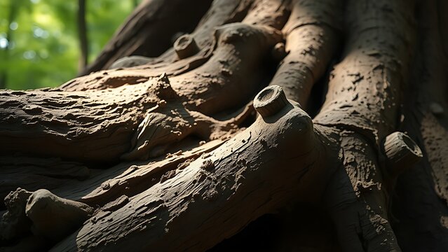 lignin. Close-up of a tree root with knotted protrusions and rough texture in a woodland. ESG reports, sustainability campaigns, designed for sustainability communications and ESG reporting.