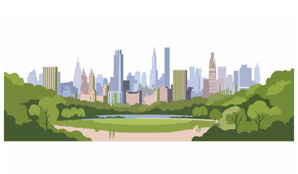 Central Park and New York City Skyline Flat Vector Landscape Illustration