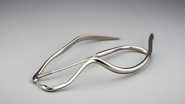 shortcoming. A stainless steel dental facebow isolated on a neutral background. STEM education sheets, lab safety posters, designed for biotech research communications, used by nutritionists.