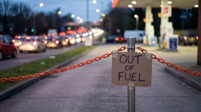 Out of fuel sign and chain blocking a gas station entrance during a fuel shortage, with traffic in the background at dusk