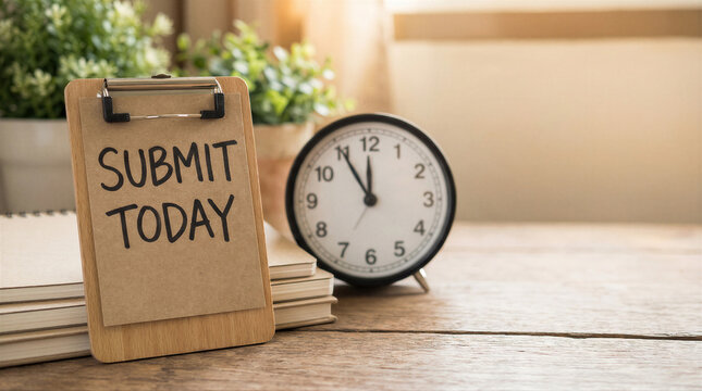 Clipboard with submit today text next to an alarm clock on a wooden desk, emphasizing deadlines and urgency