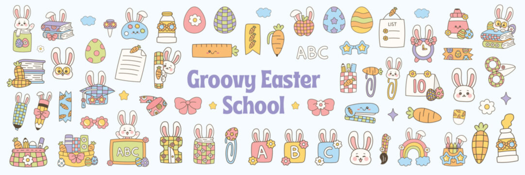 Retro groovy Easter School Doodle Mega Pack, Cheerful Spring Holiday & Learning Vector Set