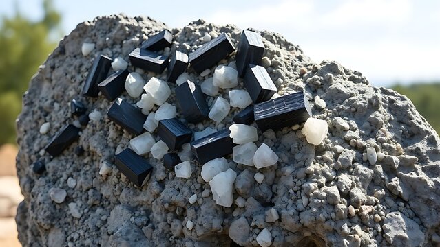 pegmatite. Granite pegmatite specimen with black tourmaline and white feldspar crystals. gardening catalogs, home-decor guides, designed for gardening and botanical catalogs, celebrates nature.