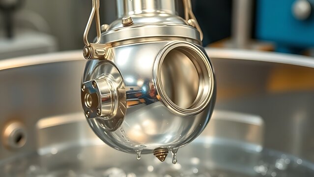 electroplating. A metal component lifted from an electroplating bath, its surface gleaming with fresh chrome. safety posters.