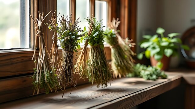 lovage. Rustic kitchen windowsill with bundles of drying lovage herbs on a wooden surface in soft afternoon light. menu design.