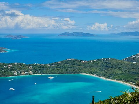 view of Magens Bay Beach and the Caribbean Ocean on Saint Thomas US Virgin Islands from Mountain Top