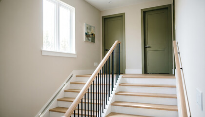 Fototapeta premium Photorealistic suburban interior, open staircase, green doors, sharp focus. Generative AI