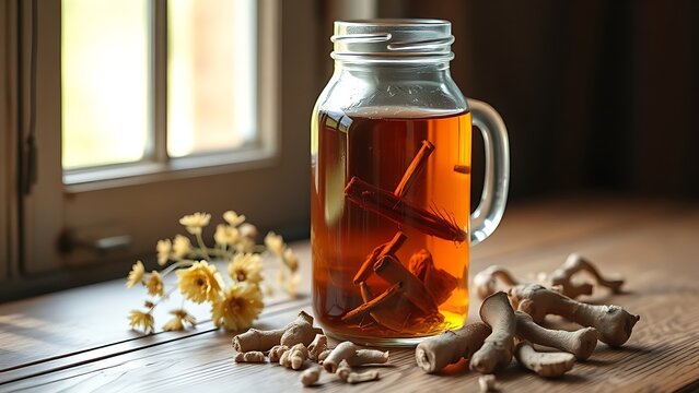 angelica. A rustic glass jar of amber herbal liquor with angelica root on a wooden surface. bar promotions, beverage menus, designed for food & beverage menus and cafe branding, used by ux designers.