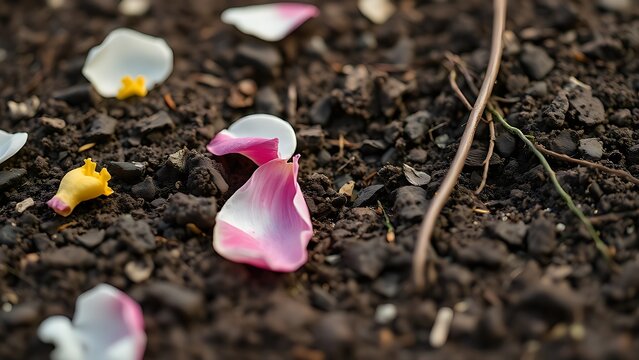 trampled. A garden soil surface with trampled flower petals and broken stems in soft daylight. ESG reports, sustainability campaigns, designed for sustainability communications and ESG reporting.