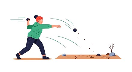 Fototapeta premium Vibrant graphic art depicting a young athlete engaged in a powerful throwing motion, casting a heavy object with determination in a rugged environment