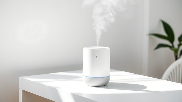 ionizer. Modern air ionizer on a desktop releasing a subtle plume of mist. product launch decks, UI/UX mockups, designed for data visualization dashboards and holographic UIs, highlights innovation.