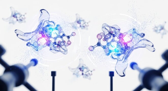 Two transparent molecules with colorful structures and a blue background.