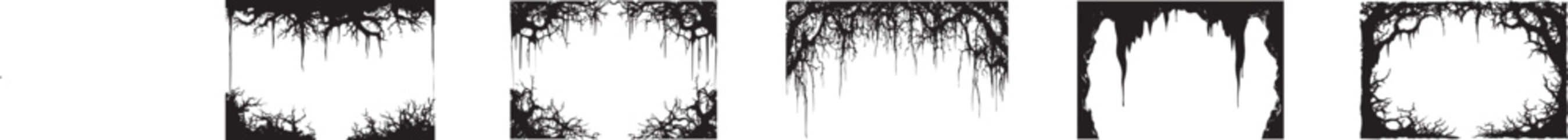 Fototapeta premium Black grunge paint drip and splatter border collection featuring abstract ink splash textures and rough artistic edges for creative backgrounds, distressed frames and modern graphic design elements.