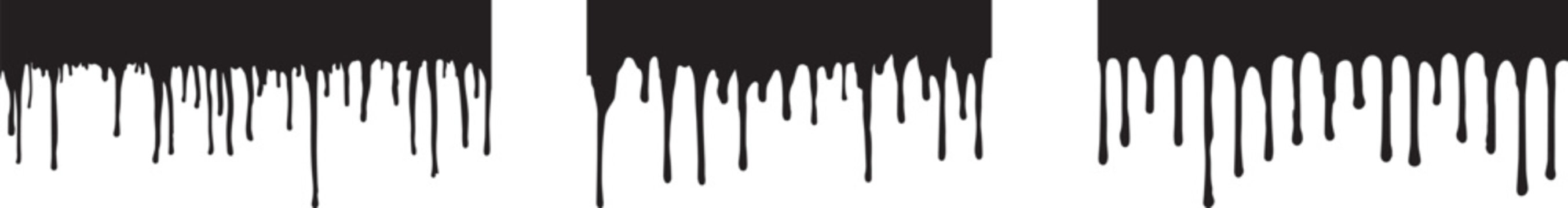 Black paint drip border collection with flowing ink splatter and liquid drip effects creating grunge style abstract design elements for artistic backgrounds, street art graphics and creative texture o