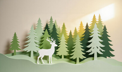 Naklejka premium Deer in pine forest with golden sunlight, paper-cut style, soft green and beige tones
