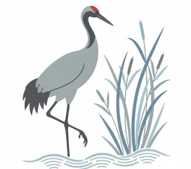 Fototapeta premium Crane standing near tall grass in wavy water, viewed from the side in a simple illustration