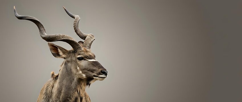 Majestic kudu antelope with spiral horns in profile against neutral background for wildlife photography and nature design projects.
