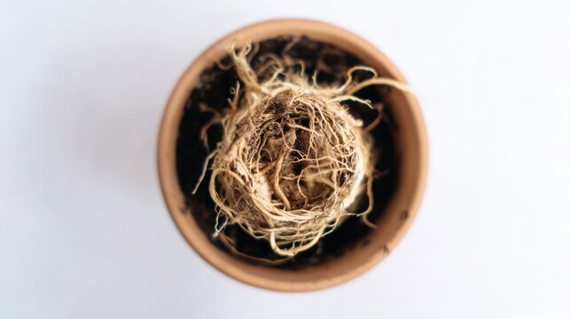A root-bound plant in a terracotta pot, roots circling inside, top-down view. gardening catalogs, home-decor guides, designed for gardening and botanical catalogs.