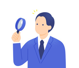 Naklejka na ściany i meble セキュリティや品質をチェックするビジネスパーソン。虫眼鏡で点検、確認するスーツ姿の男性。