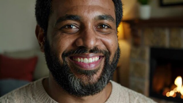 Close-up of an indoor man smiling, a warm smile by the fireplace