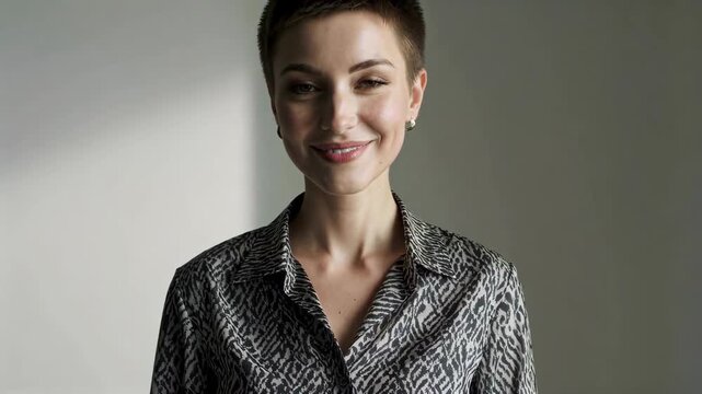 Smiling bust portrait of a woman with short hair, portrait of a confident working woman
