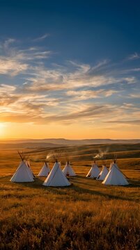Traditional teepees on golden prairie grassland during dramatic sunset with colorful sky and rolling hills in background for cultural heritage concepts.