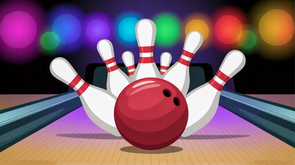 A red bowling ball striking a set of white bowling pins on a bowling lane with colorful lights in the background