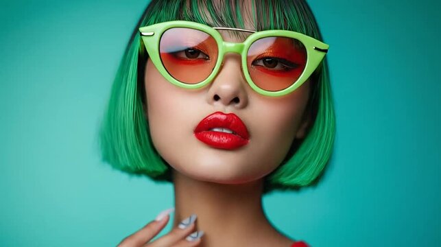 Close-up Vibrant woman with green bob hair, neon cat-eye sunglasses, and bold red lips