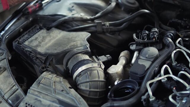 Mechanic is checking and change an air filter. Car mechanic working maintenance checking air filter in repair garage